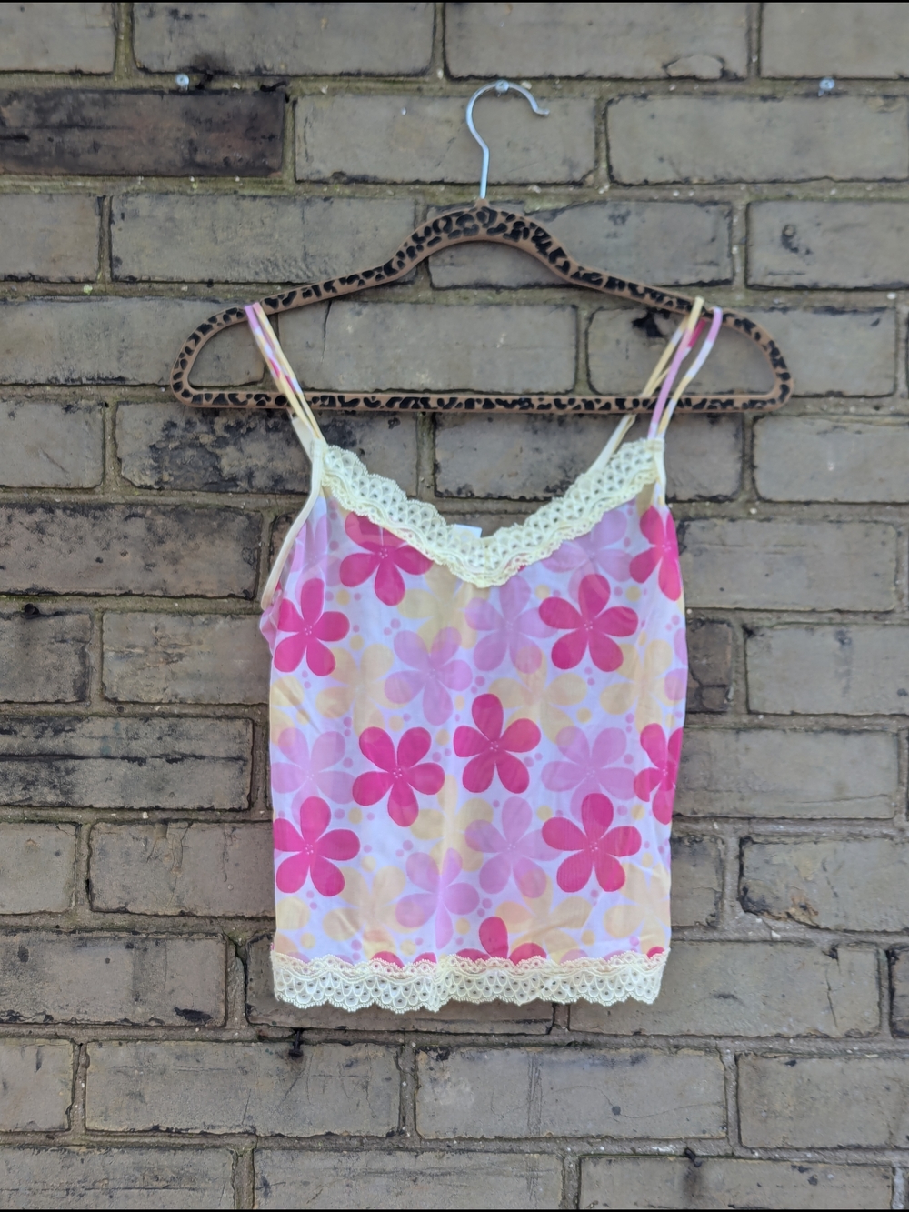 Vintage Y2K Floral Lace-Trim Camisole Tank Top - Pink/Yellow - Glo Brand